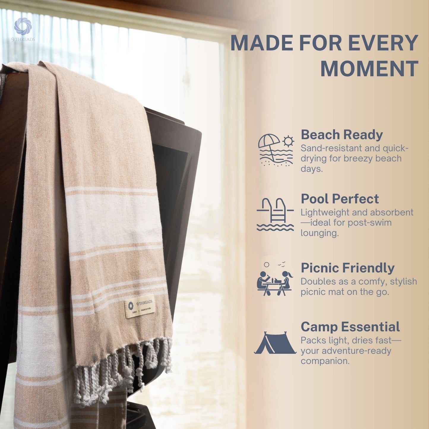 9Threads Cotton Turkish Beach Towel with Towels Oversized 36"x72" Pool Absorbent Extra Large Quick Dry Sand Travel Towel (Beige, 4 Pack)