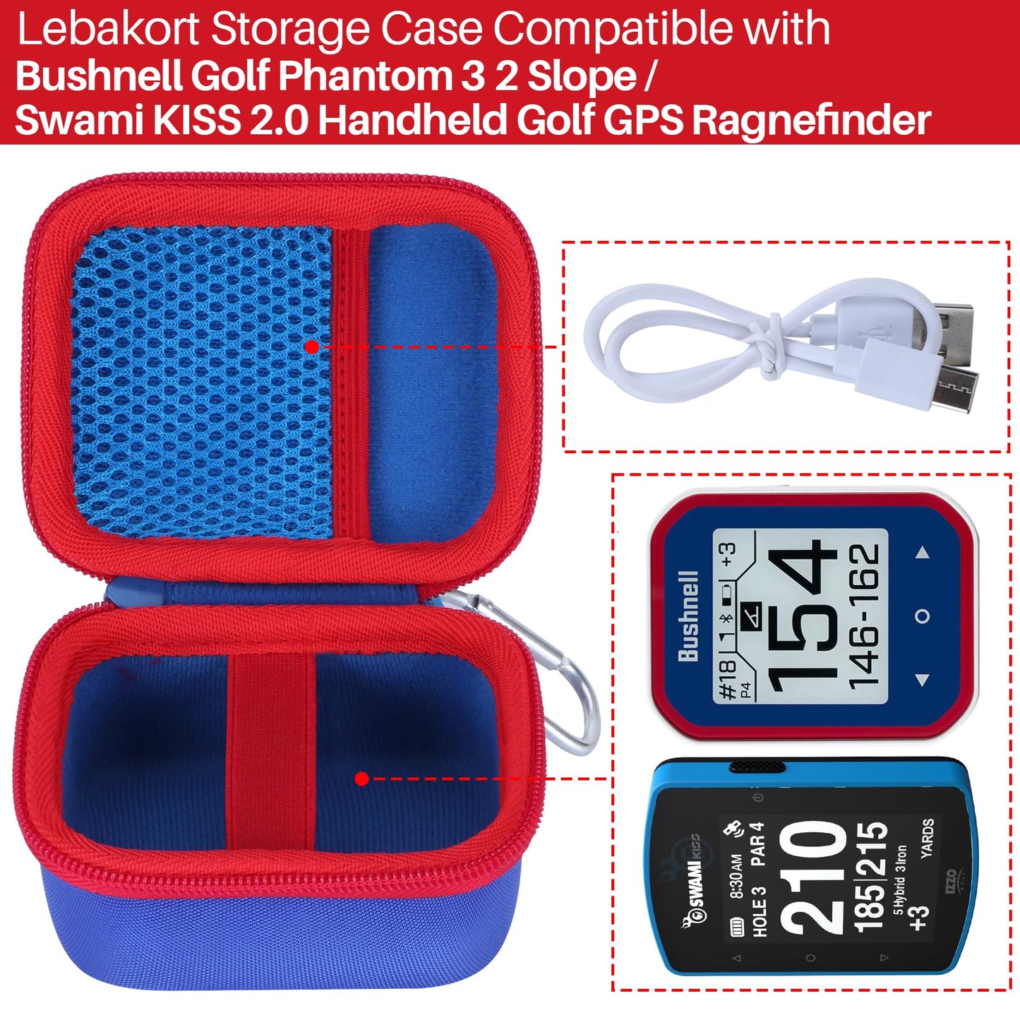 Lebakort Storage Case Compatible with Bushnell Golf Phantom 3 2 Slope/Swami KISS 2.0 Handheld Golf GPS Ragnefinder (Blue+Red Case)