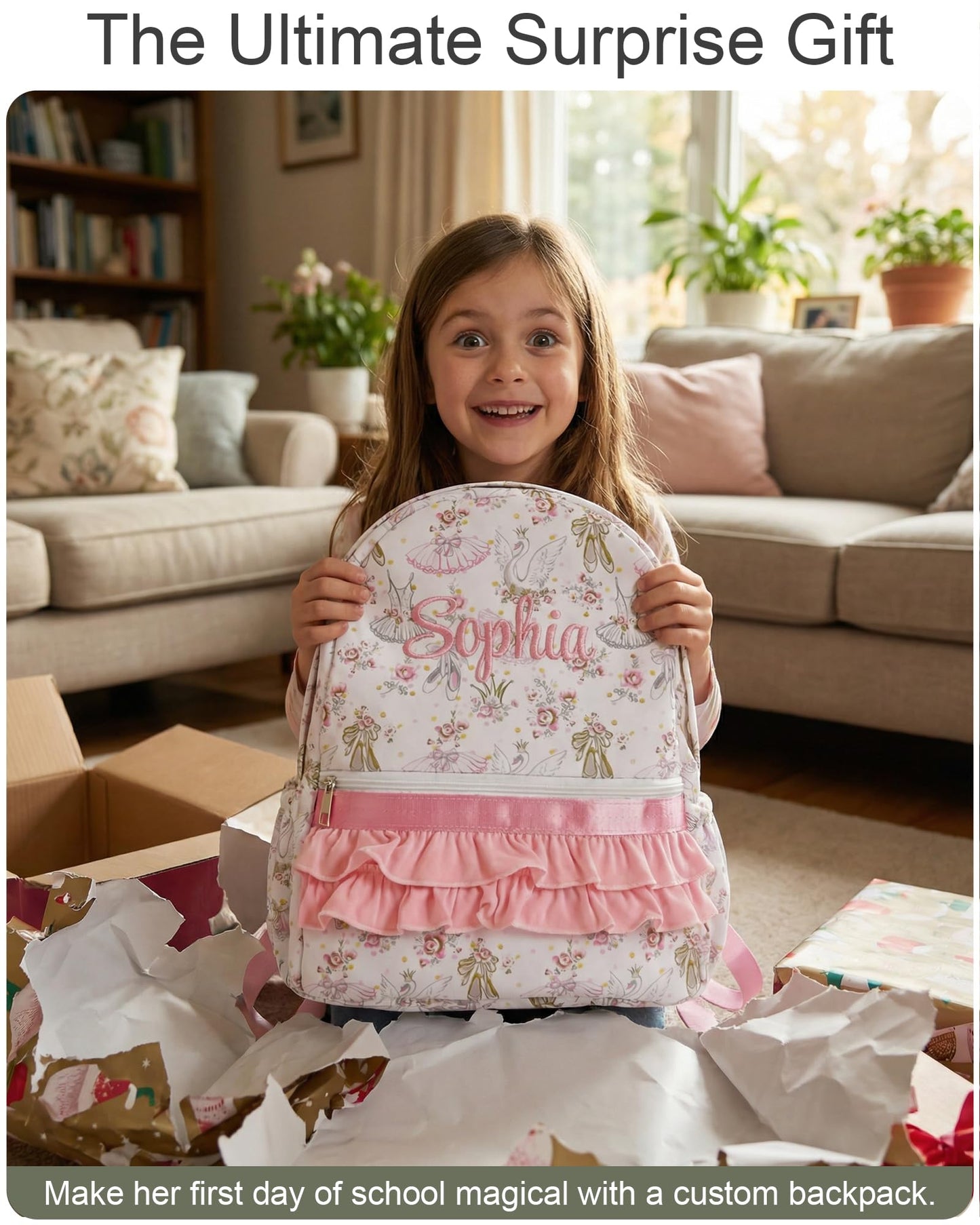Personalized Backpack Custom Girls Preschool ruffle Bag,Ballet White