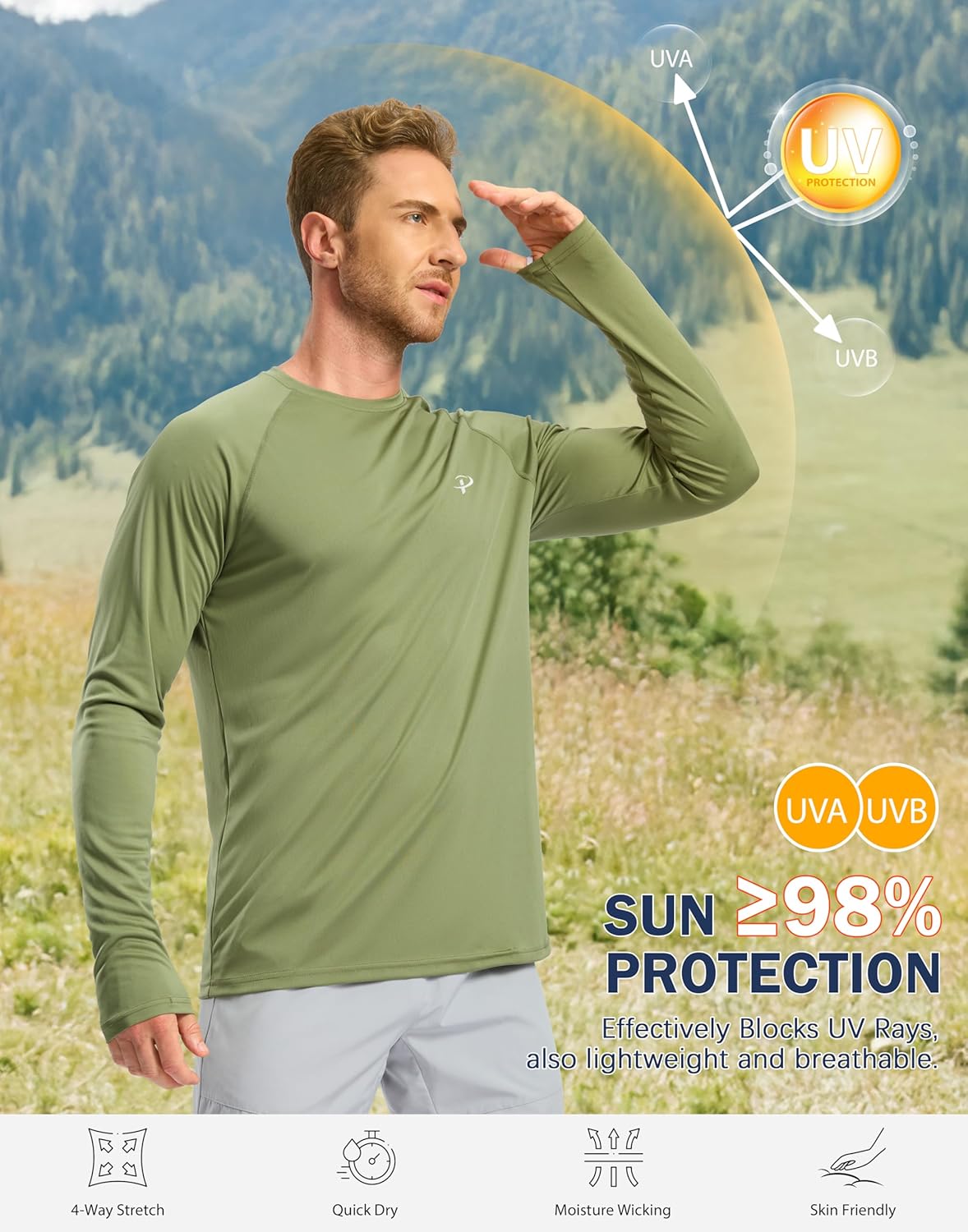 Pudolla Men's UV Protection Shirt - Lightweight UPF 50+ Long Sleeve Rash Guard for Fishing & Swimming