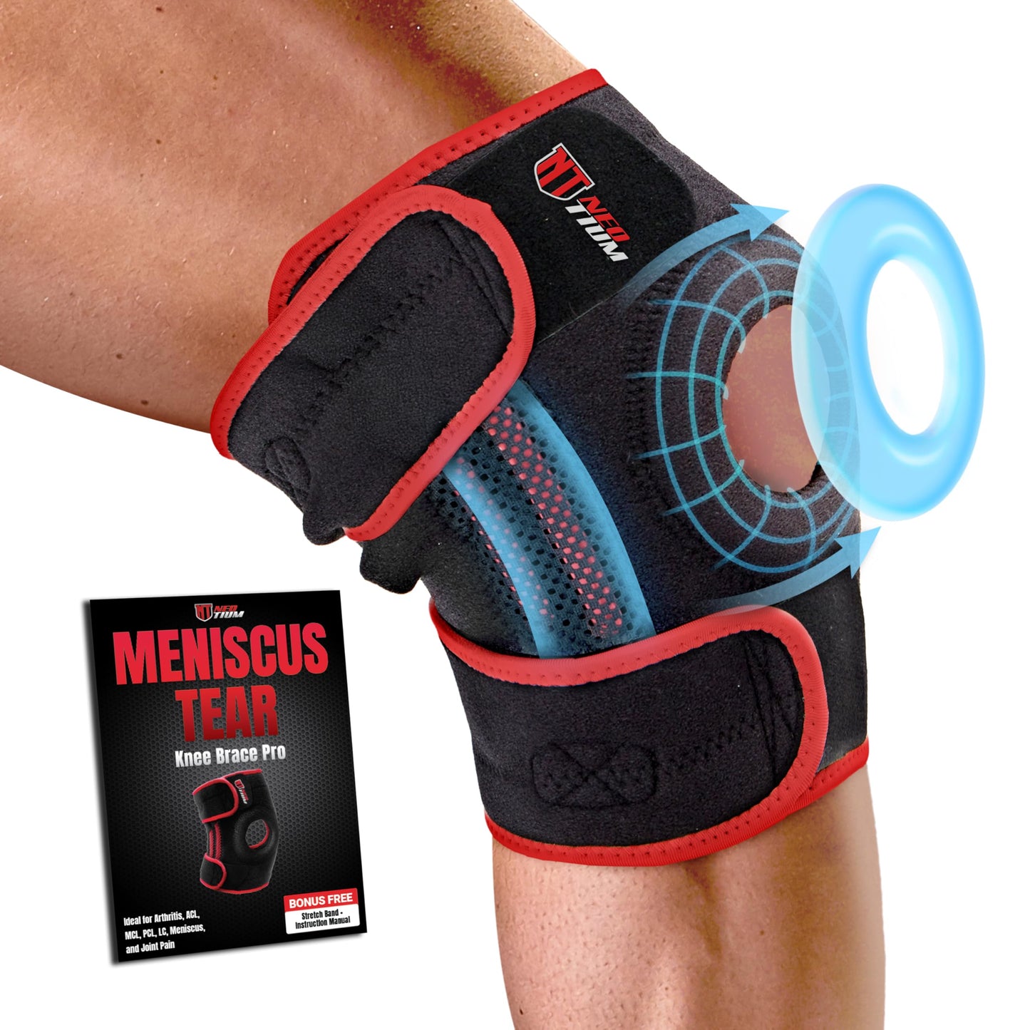 NeoTium Knee Brace Pro for Compression Support & Knee Pain Relief, Meniscus Tear, Arthritis, Osteoarthritis, Hyperextension, ACL, LCL, MCL - with Side Stabilizers & Compression Straps, Red (2XL)