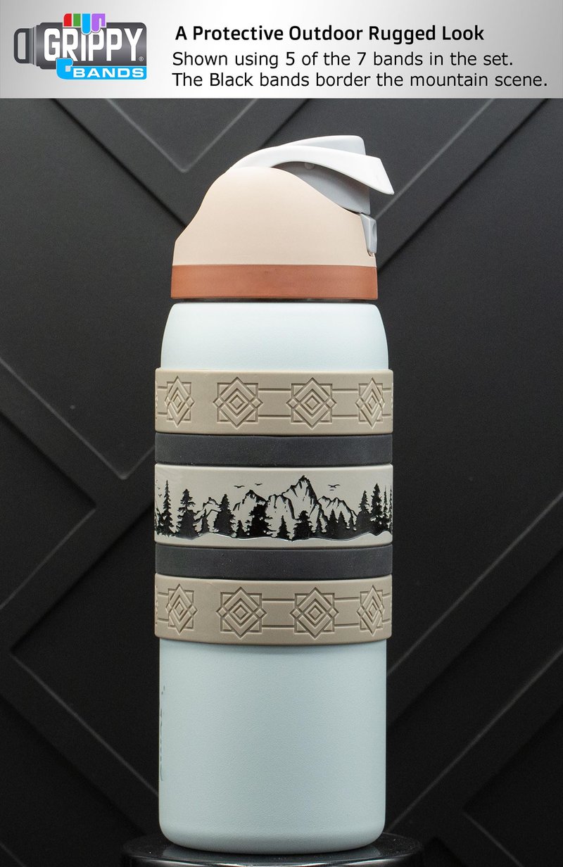 Mountain Scene Water Bottle Grip Kit - SIERRA WRAP: Regular - 7 Rugged Silicone Bands for Superior Grip, Style, & Protection.