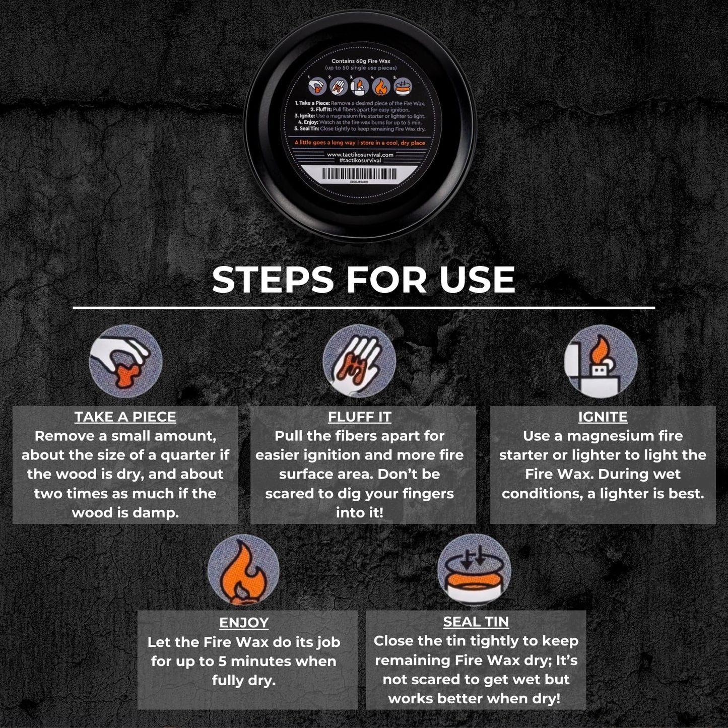 Tactiko Camping Fire Starter – Waterproof Survival Fire Starter for Wet Wood & Emergency Kits – 5 Minute Burn Time, 50 Uses, 60g – Lightweight Campfire Accessory for Hiking & Backpacking (1-Pack)