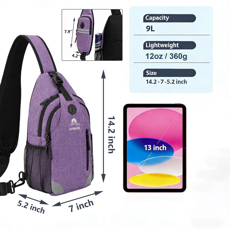 Sling Backpack for Women & Men, Crossbody Travel Bag with Water Bottle Holders, 17 Pockets, Quick-Access Phone Pocket, Hidden Security Pocket, Fits 11" Tablet, for Daily Carry, Travel, Theme Parks