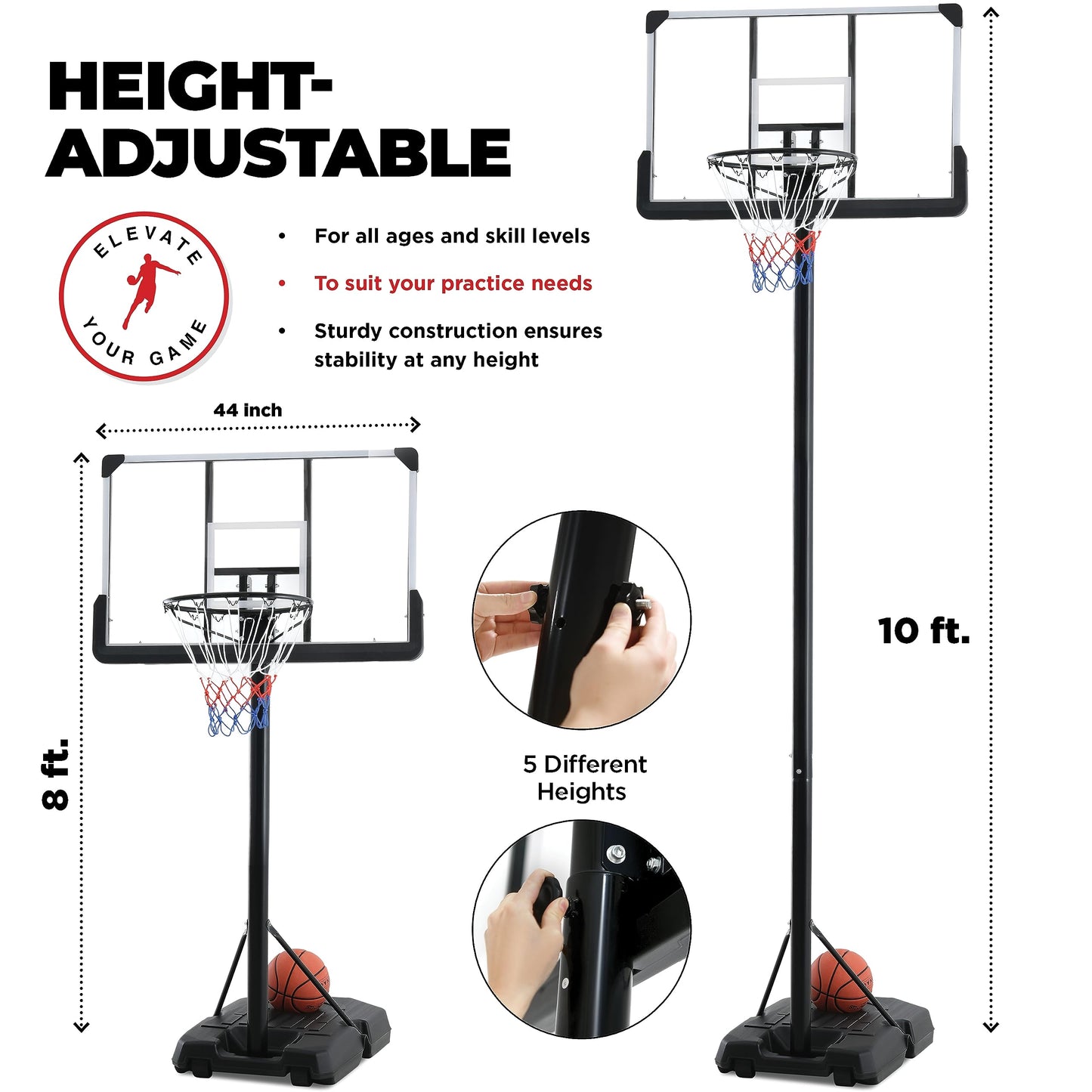 Portable Basketball Hoop 10 ft Adjustable - 44in Shatterproof Backboard - Basketball Goal System 8-10 ft Adjustable Basketball Hoop for Kids/Adults Indoor Outdoor Weatherproof Fillable Base