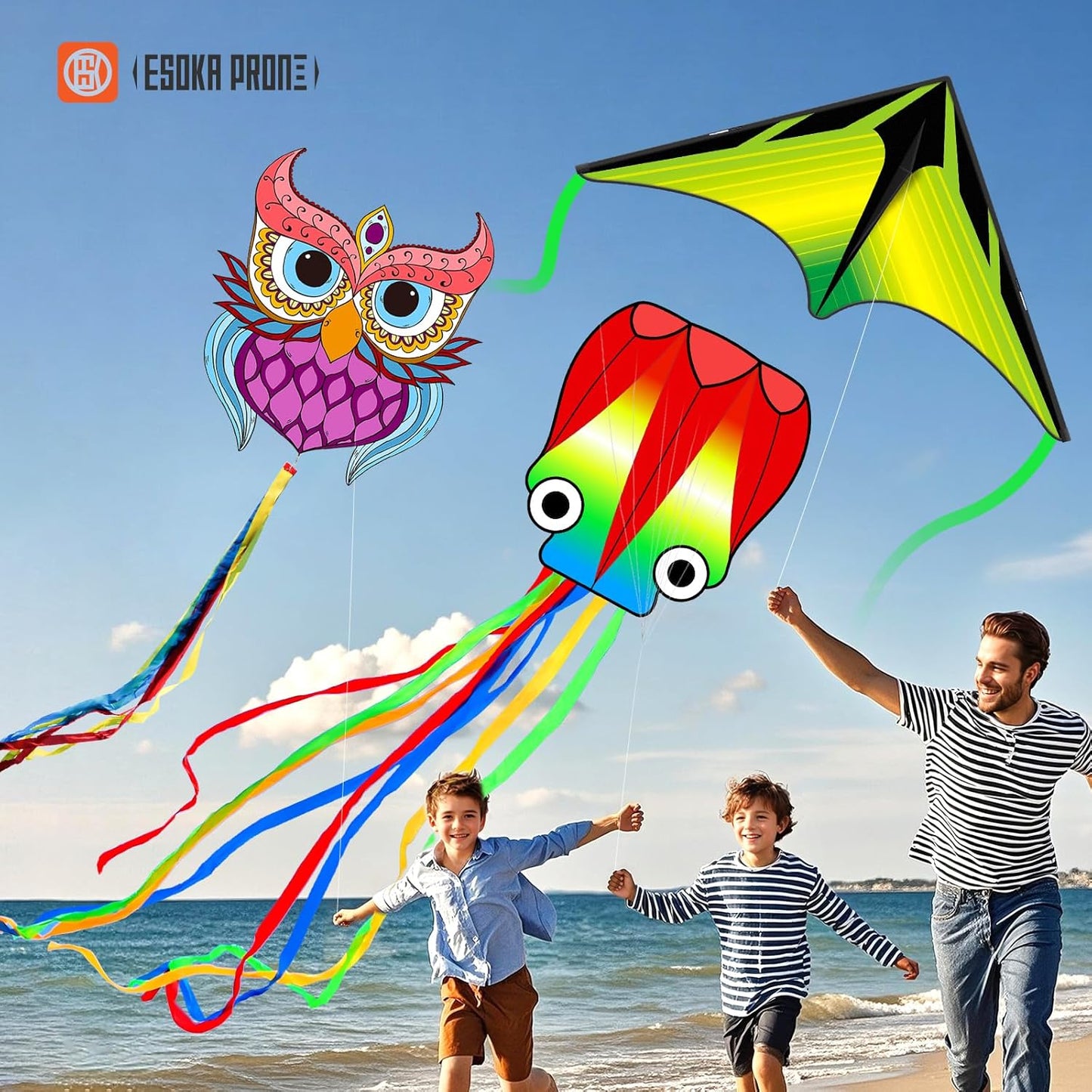 Skiennix Kites for Adults & Kids - Easy to Fly Beach Kites with 328ft String | Fun Gift for Ages 4-8 (Purple Owl, Grassland, Octopus)