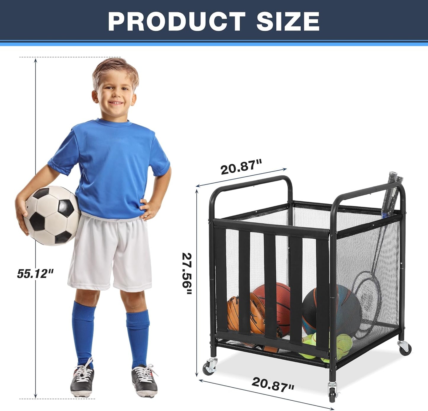 STO STO Rolling Sports Ball Storage Cart - Lockable Basketball Cage with Elastic Straps | Black Steel Organizer for Indoor & Outdoor Use
