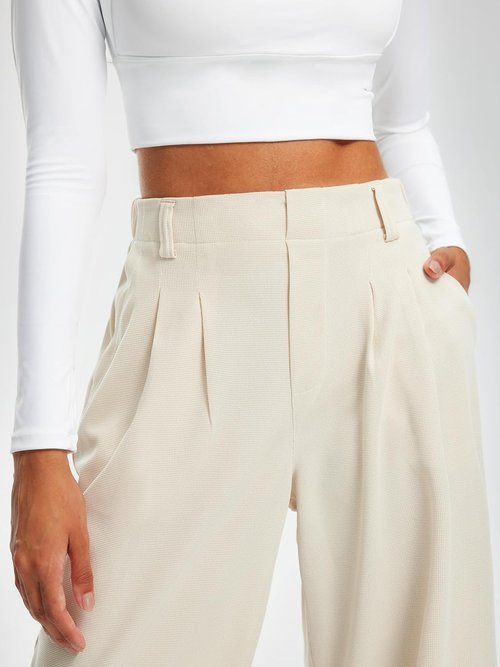 Libin Women's Wide Leg Pants - 29" High Waisted Waffle Knit Casual Trousers with Pockets | Beige, Medium