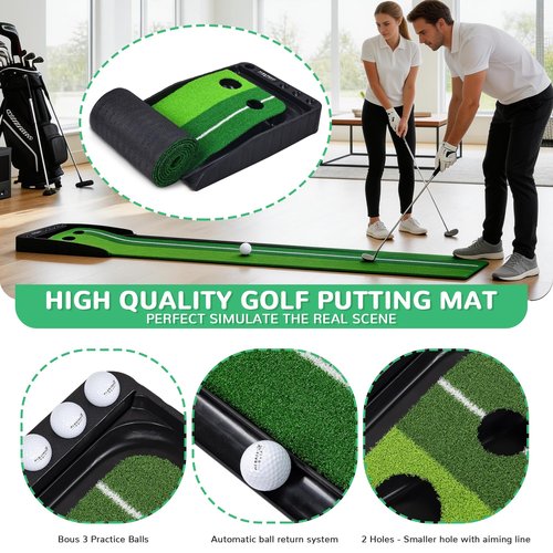 Fitvids Premium Automatic Ball Return Golf Putting Mat – Portable Indoor Golf Practice Green with Alignment Guide & Solid Base – Regular – Green