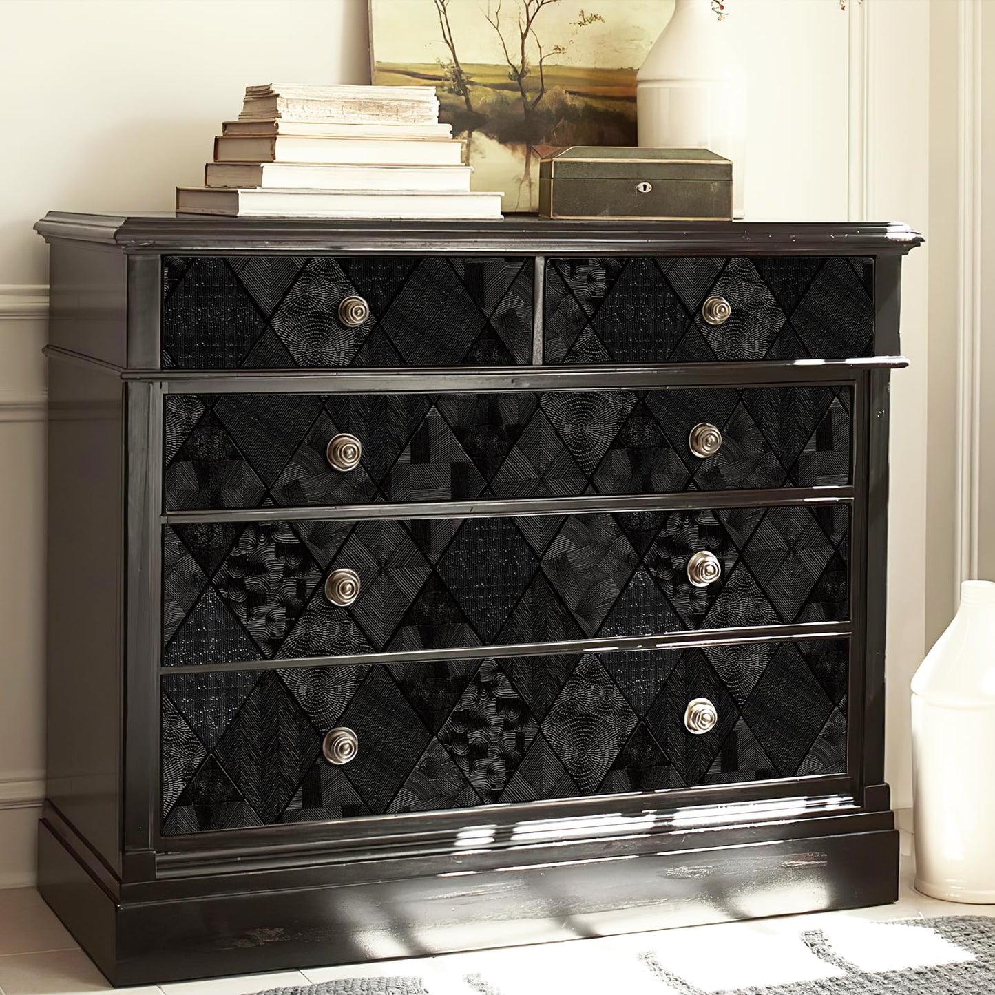 Zeeko Black Textured Peel and Stick Wallpaper 3D Embossed Geometric Linear Contact Paper Removable Waterproof Wall Paper 17.3" x 80"