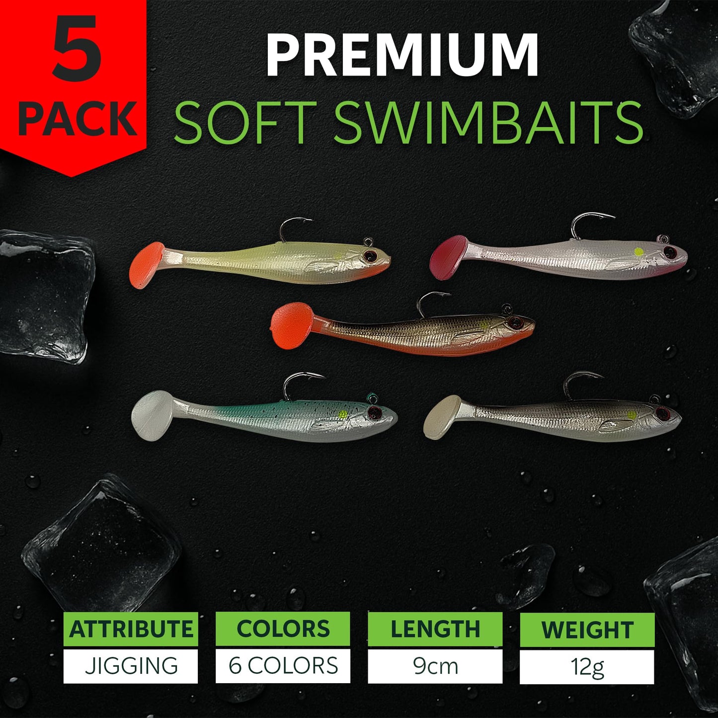 Fish On Tackle 3 1/2" Pre-Rigged Jig Head Fishing Lures Pack of 5 - Soft Plastic Paddle Tail Swimbait with Hook for Freshwater and Saltwater