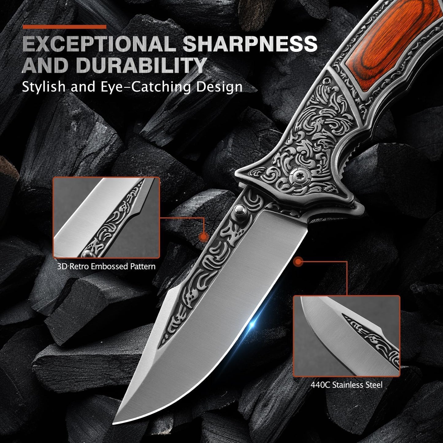 DRACHENADER Pocket Knife with Sheath and Clip, 440C Stainless Steel Folding Knife 3D Retro Embossed Pattern, Gifts Christmas, Birthday, Father's Day (D-J37)