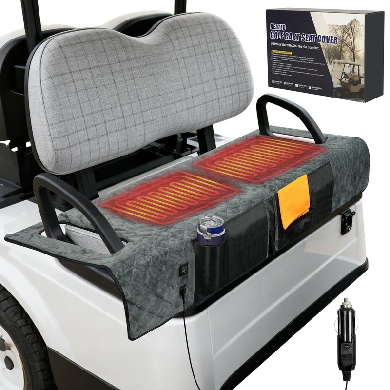 PUTTLAZR Golf Cart Seat Cover with 12V Car Plug, 50" × 31", Non-Slip Winter Golf Cart Seat Towel Blanket with 2 Front Pockets, Fits for EZGO, Yamaha, Club Car and More 2 Person Seats Golf Carts