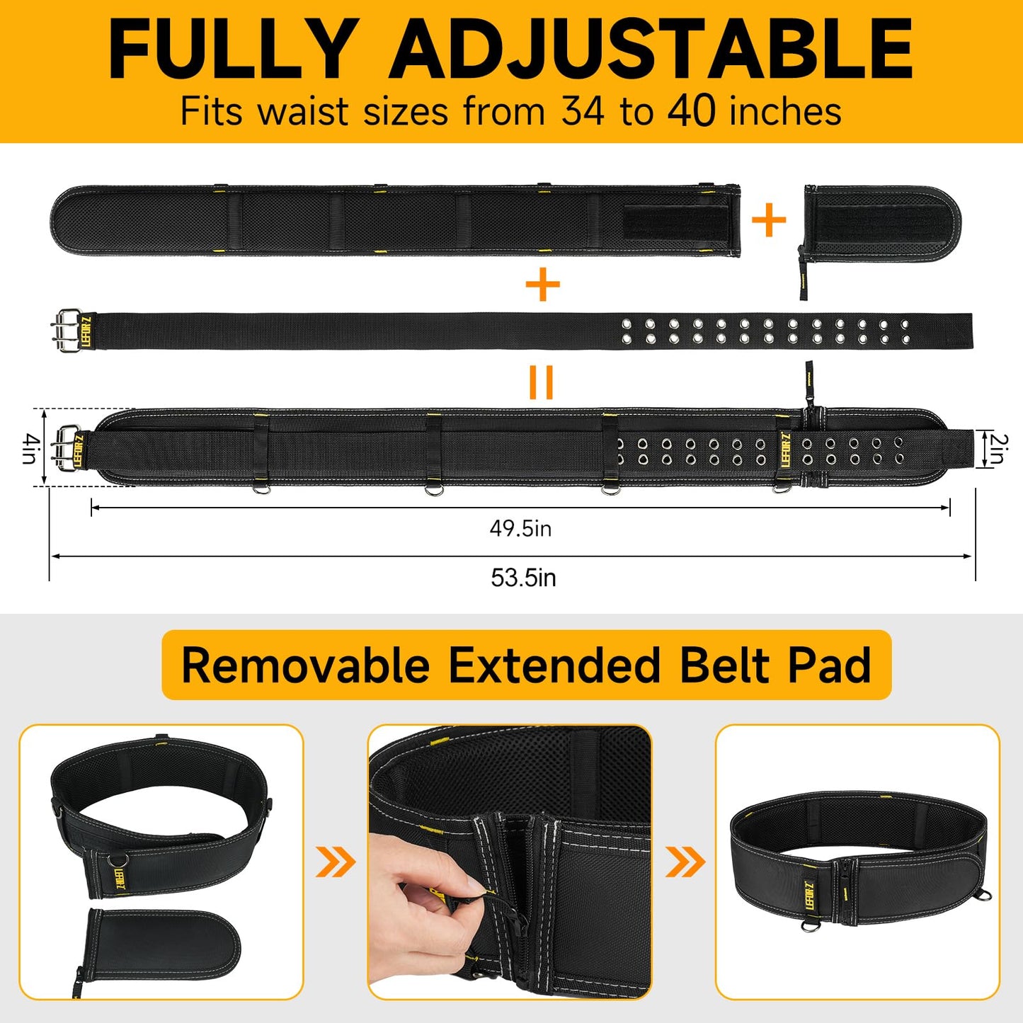 4-Inch Padded Tool Belt,Heavy Duty Tool Belts for Men with 4 Suspenders Ring,Work Belts for Electrician,Carpenter,Construction,Utility Belt,Adjustable 34''-40''(Pouch not Included)