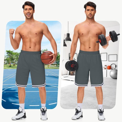 JWM Mens 11" Gym Basketball Shorts with Zipper Pockets - Long Quick Dry Lightweight Mesh Athletic Shorts for Workout Running Dark Grey