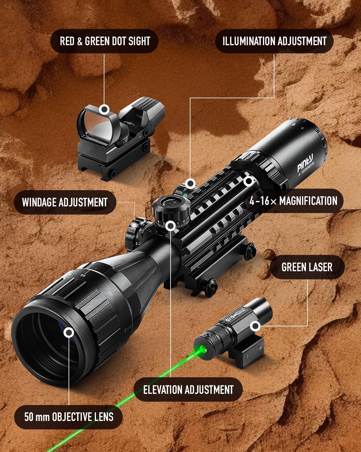 PINTY Tactical Rifle Scope Combo - Illuminated Optics & Red Dot Sight | 3-9x32, 4-12x50, 20mm Picatinny Rail