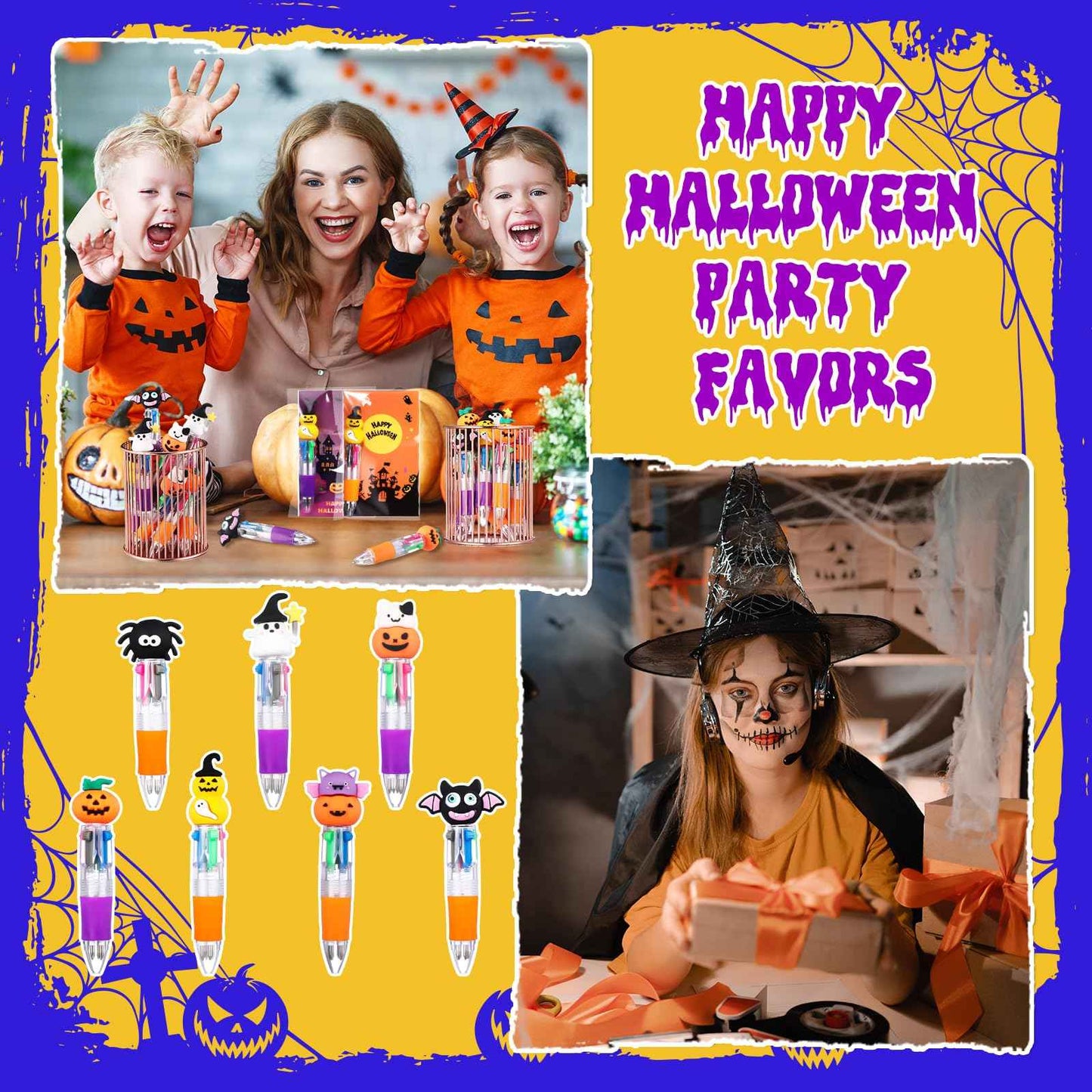 Gilprop 100 Set Multicolor Halloween Retractable Ballpoint Pens 0.7 mm 4-in-1 Halloween Pumpkins Writing Pen with Gift Card Bags for Trick or Treat Party Favors Students Kids School Office Gifts