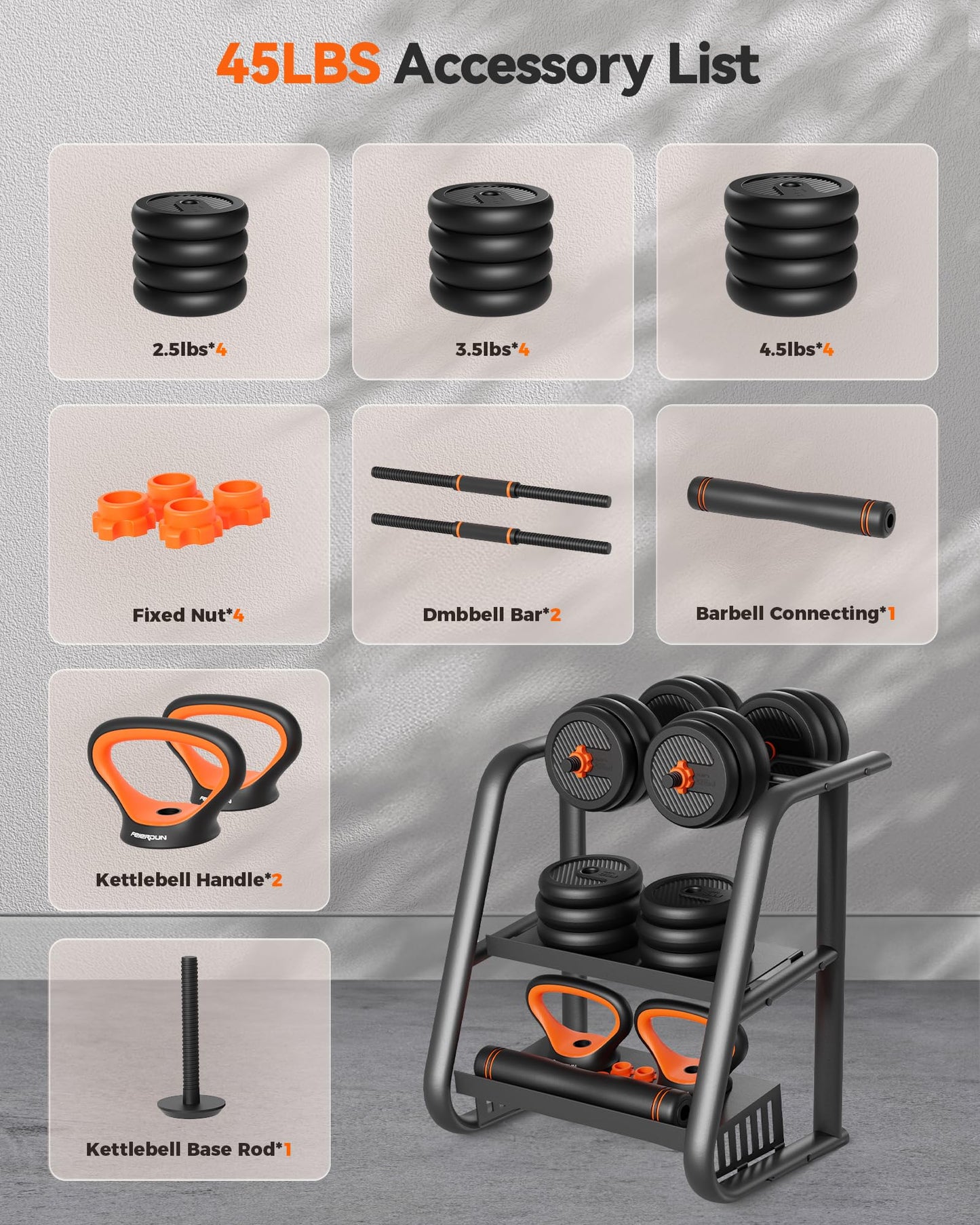 FEIERDUN Adjustable Dumbbells, 45lbs Free Weight Set with Connector, 4 in1 Dumbbells Set Used as Barbell, Kettlebells, Push up Stand, Fitness Exercises for Home Gym Suitable Men/Women.