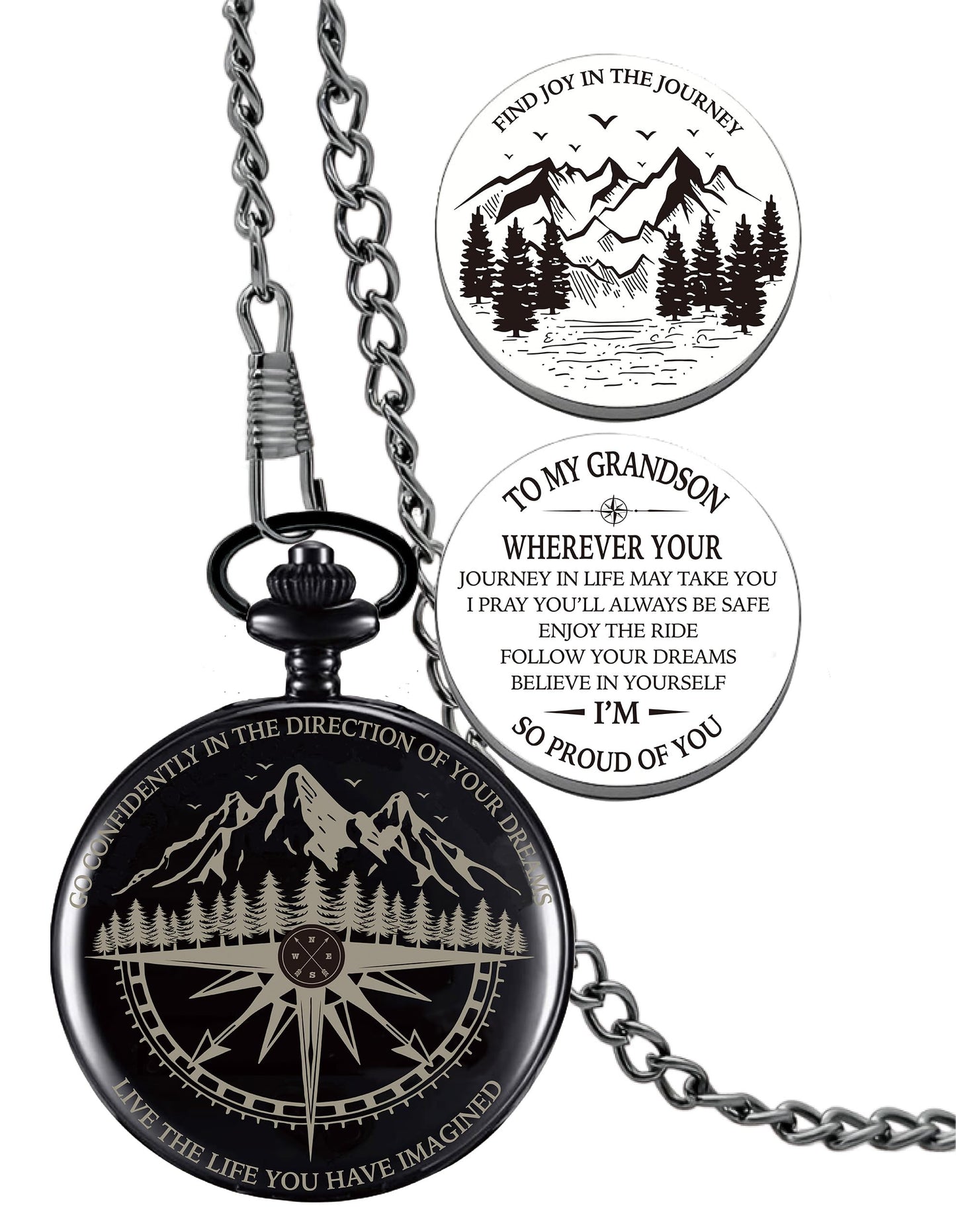 Grandson Gifts from Grandma Grandpa, Go Confidently Pocket Compass Engraved Black, to My Grandson Pocket Token, Inspirational Keepsake Gifts Ideas for Grandson Birthday Graduation Christmas