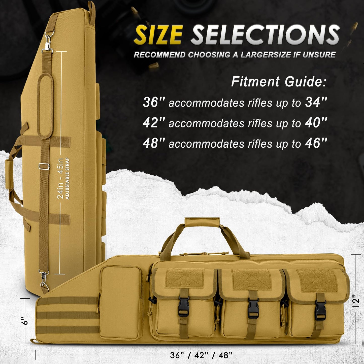 DULCE DOM Double Rifle Case 36'' Soft Gun Bag Tactical Backpack with Movable Divider for Hunting Shooting Range, MOLLE System Multiple Magazine Pouches & Accessory Bags (KHAKI)