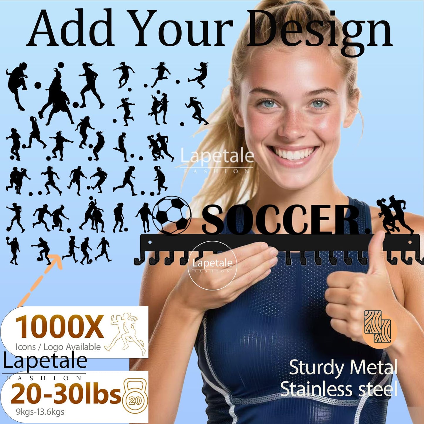 Lapetale Fashion Soccer Girl Medal Hanger Display for 63 Medals – She Believed She Could So She Did (16" Wide with 20 Hooks) - Black- Awesome Gifts-Patent NO.983560S