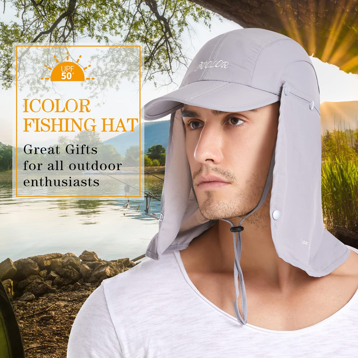icolor Sun Hats for Men Women with Neck Flap,Foldable Sun Cap Fishing Sun Hats,Summer UPF50+ Sun Protection Ponytail Hats LightGray