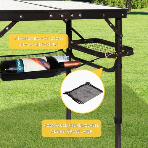 koldan Folding Camping Table Outdoor Indoor Picnic BBQ Aluminum Lightweight Tall Camping Table 3-Height Adjustable 25in Max 50 Extra Space with Carry Handle & Mesh Pocket Small Foldable Table
