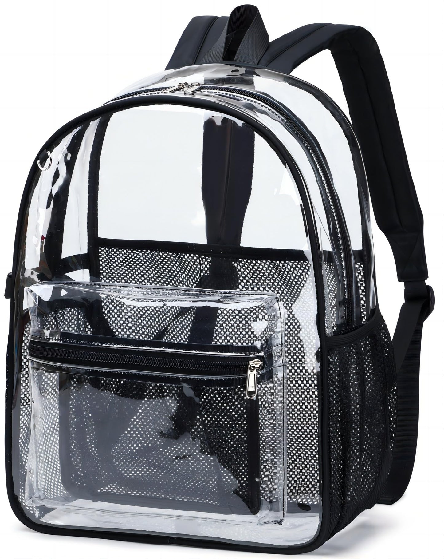 BTOOP Clear Backpack for Women Men, Large 16.5-Inch Transparent School Backpack with 6 Pockets and 40 oz Tumbler Holder, Black Trim for College, Work and Travel
