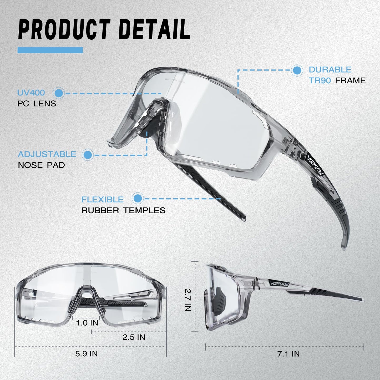 VOZAPOW Photochromic Cycling Glasses for Men Women, UV Protection TR90 Frame Sports Sunglasses for MTB, Riding, Running, Fishing, Baseball