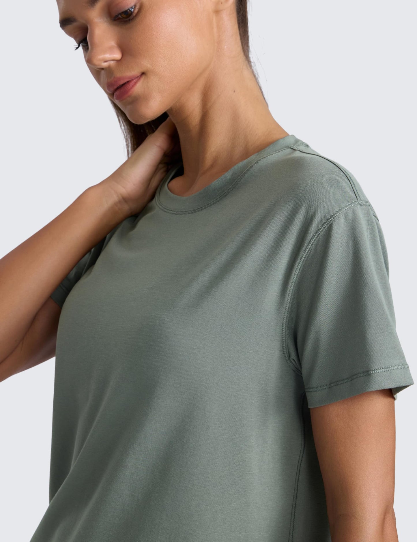 CRZ YOGA Cotton-Blend Crewneck Tops for Women - Workout Gym Athletic Casual Short Sleeve Shirts Quick Dry Basic T-Shirt Grey Sage Medium