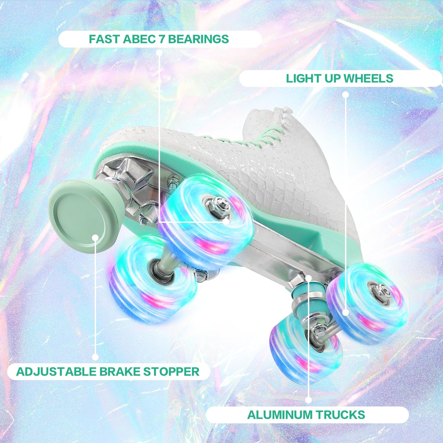 SMOOJOY Roller Skates for Women Girls and Kids, Light Up Wheels - White Quad Outdoor PU Leather High-Top Design Derby Rollerskates for Beginners Youth Sizes 2 3 4 5 6 7 8 9 10 11