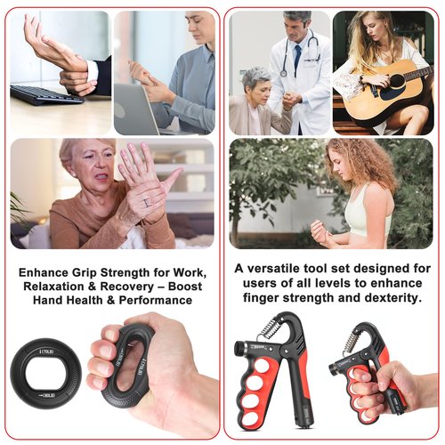 Keria Grip Strength Trainer Kit, Hand Grip Strengthener with Adjustable Resistance 11-220Lbs, Fingers Exerciser - Silicone Rings, Forearm Strengthener for Athletes Musicians and Injury Recovery