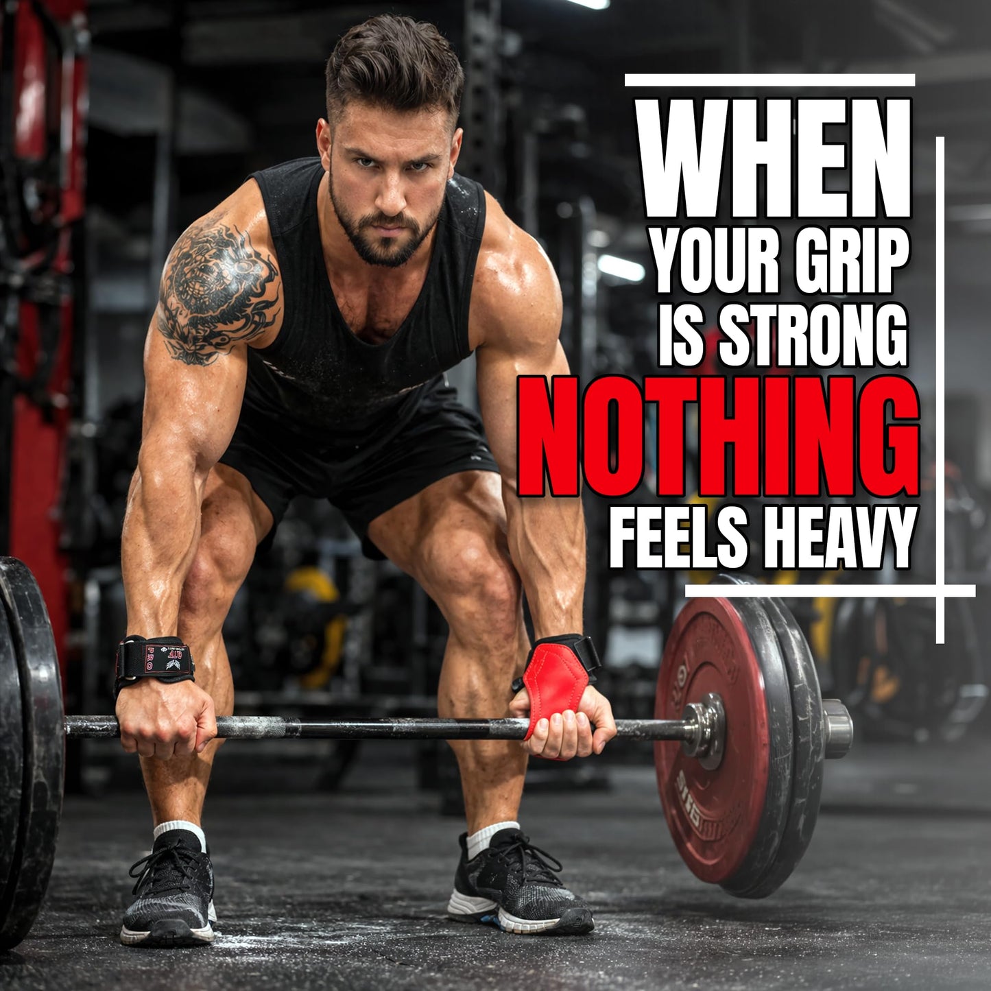 QTF Weight Lifting Grips (Pair) for Heavy Powerlifting, Wrist Straps for Deadlifts, Rows, Pull Ups, with Neoprene Padded Wrist Wraps Support and Strong Rubber Gloves or Straps for Bodybuilding. (Black, L)