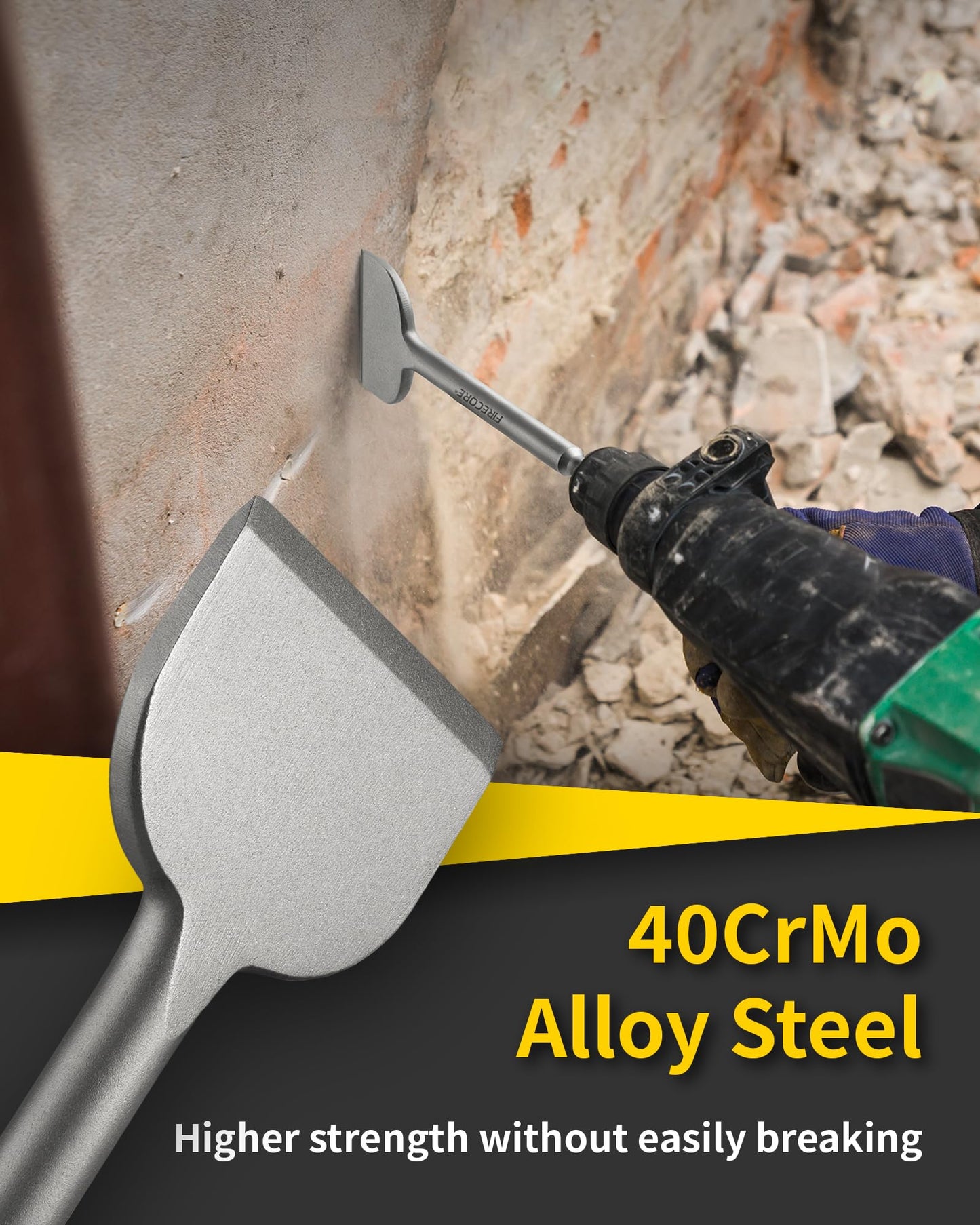 SDS Chisel Set, Firecore 4pcs Tile Removal Chisel Bits for SDS Plus Rotary Hammer Drill Attachments, Alloy Steel Shovel for Demolition Chipping Grooving Scaling Removing Cement Thinset Mortar Vinyl