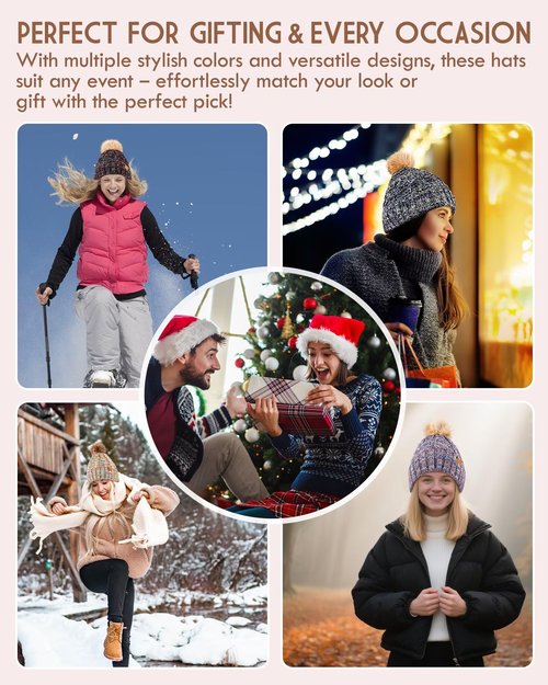 Winuesa Winter Hats for Women with Pom Pom, Womens Beanie Warm Fleece Lined for Cold Weather, Fashionable Multicolor Thick Cable Knit Ski Skull Cap for Ladies-01