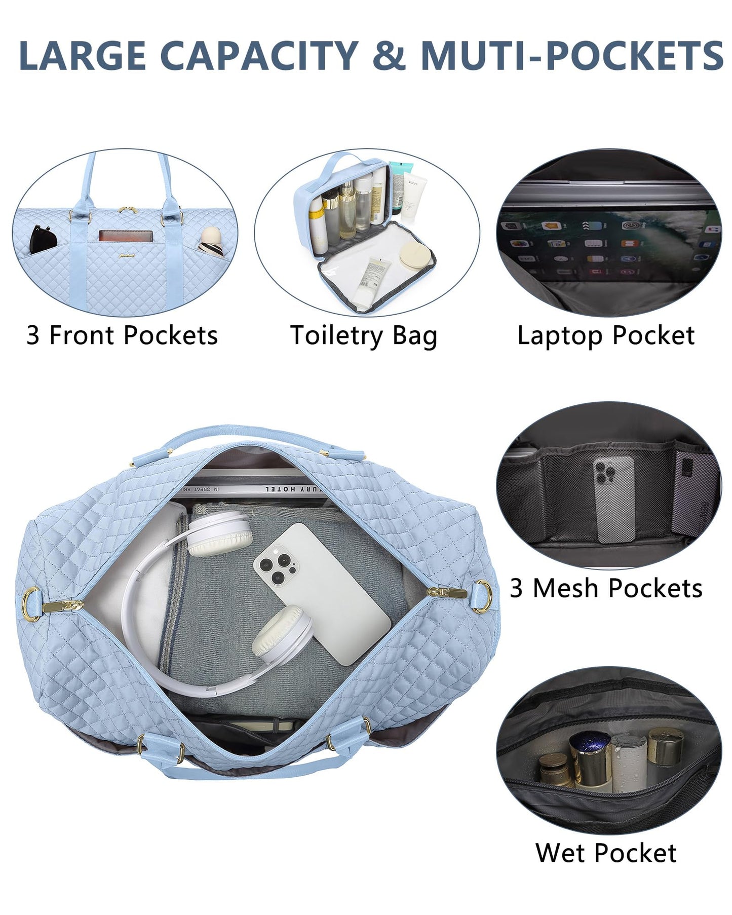 Women Weekender Travel Duffle Bag: Travel Duffel Overnight Bags with Shoe Compartment Large Carry on Tote with Toiletry Bag Weekend Traveling Yoga Gym Hospital Bag for Women with Wet Pocket Light Blue