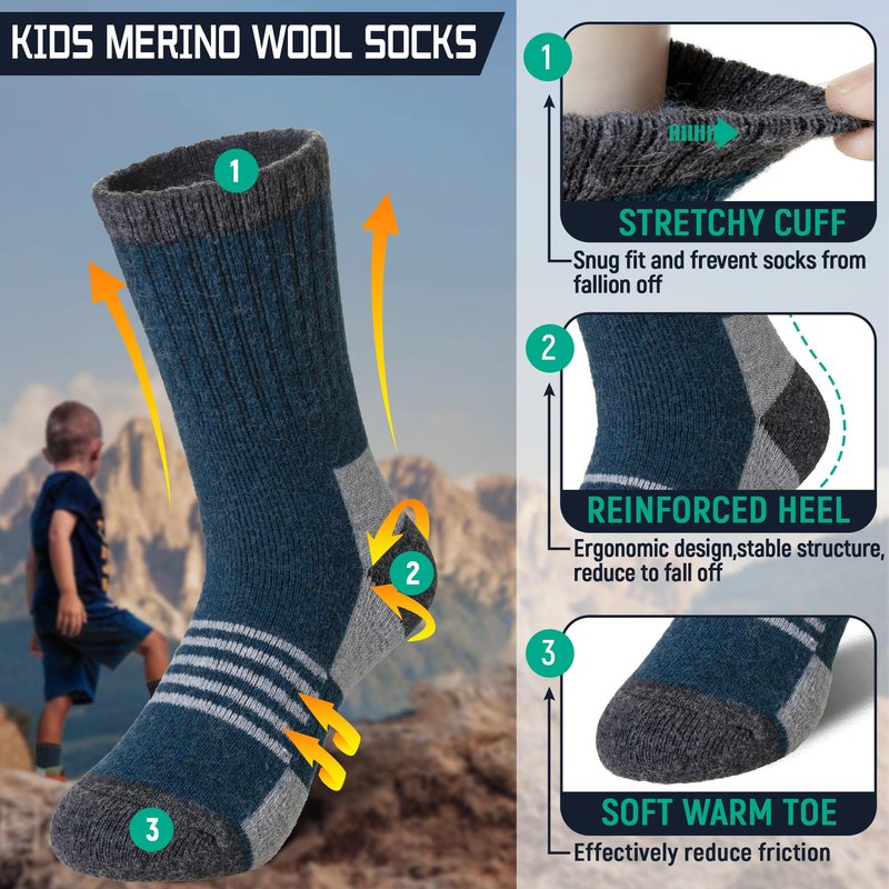 DoSmart Kids Hiking Walking Socks, Boys Girls Toddlers Merino Wool Warm Socks,Wicking Cushion Crew Socks(Mix Color B,4-8 Years)