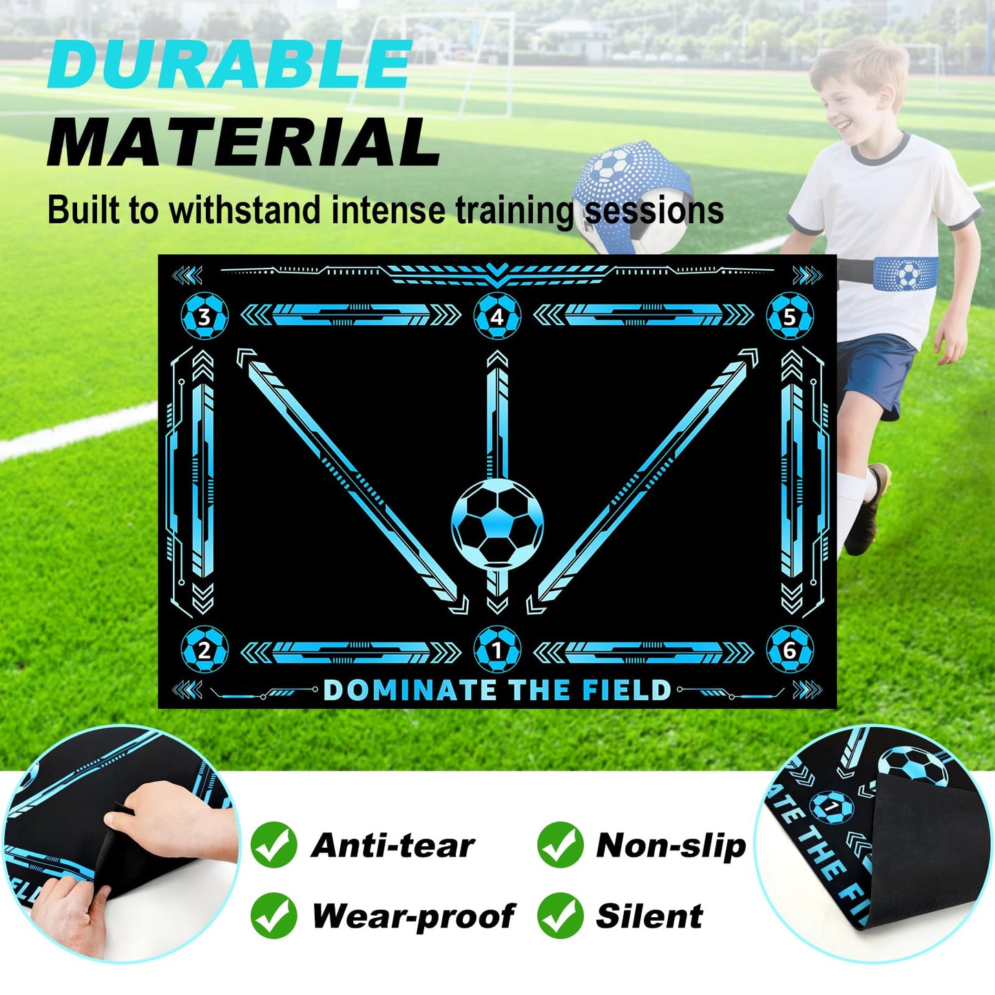 Doskona Football Footstep Training Mat, Soccer Training Mat 35 * 24IN, Soccer Practice Equipment with Storage Bag and Soccer Return Trainer Net (New Black-Blue)