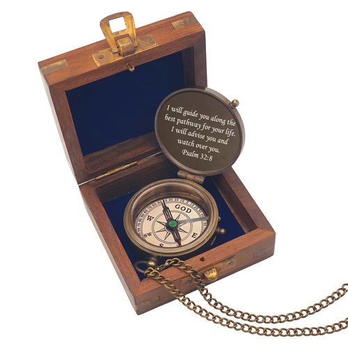 Engraved Compass - I Will Guide You - Psalm 32:8 Quote Handmade Working Compass with Scripture - Religious, Christian, Catholic, Christening, First Communion, Confirmation Gift