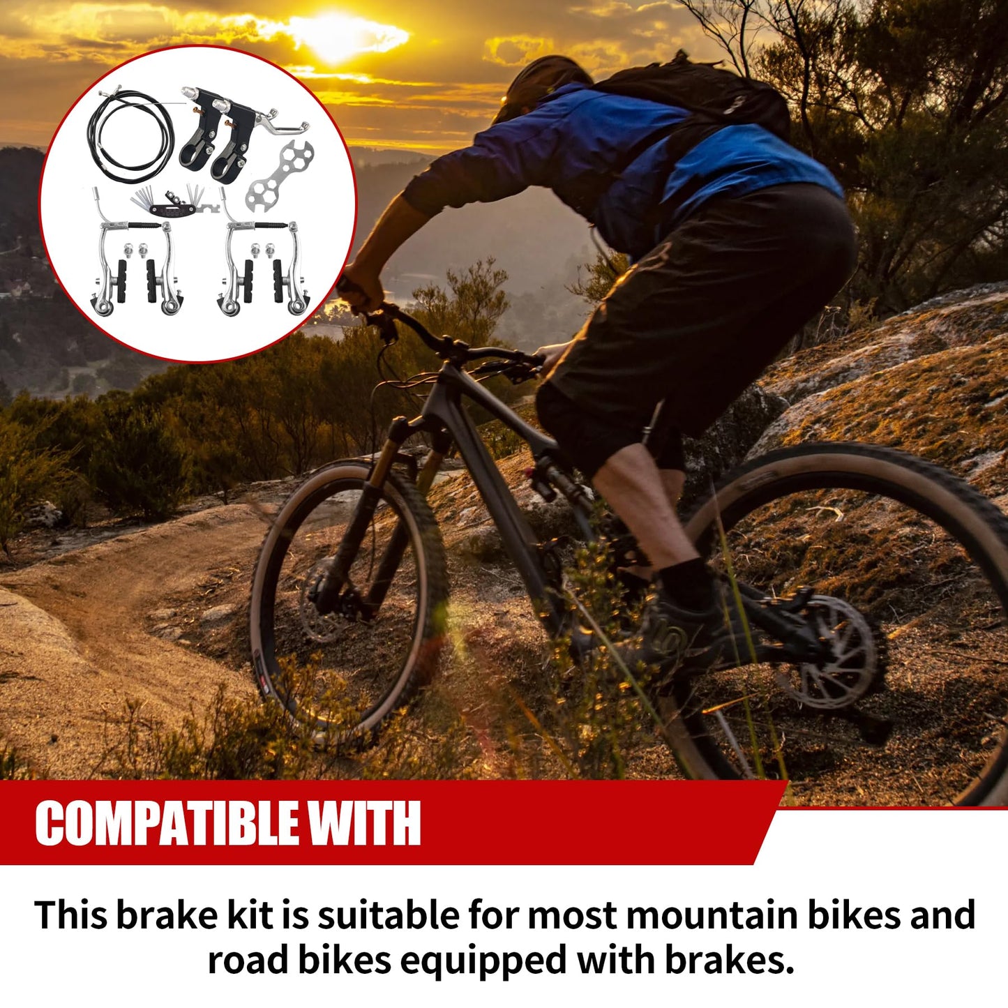 RAHQHD Complete Bike Brakes Set，Inner and Outer Callipers Cables Lever Kit ，Universal Bike Front and Rear MTB Brake with Multi-Tool Wrenches Black