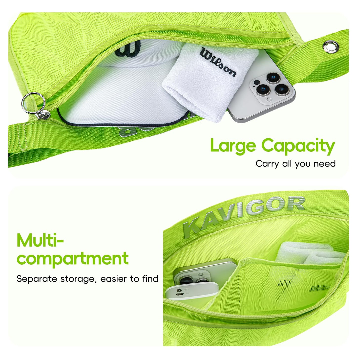 KAVIGOR Tennis & Pickleball Ball Holder Waist Pouch Holds 8-10 Balls, Multi-Functional Sports Belt Bag with Zipper Pocket and Carabiner
