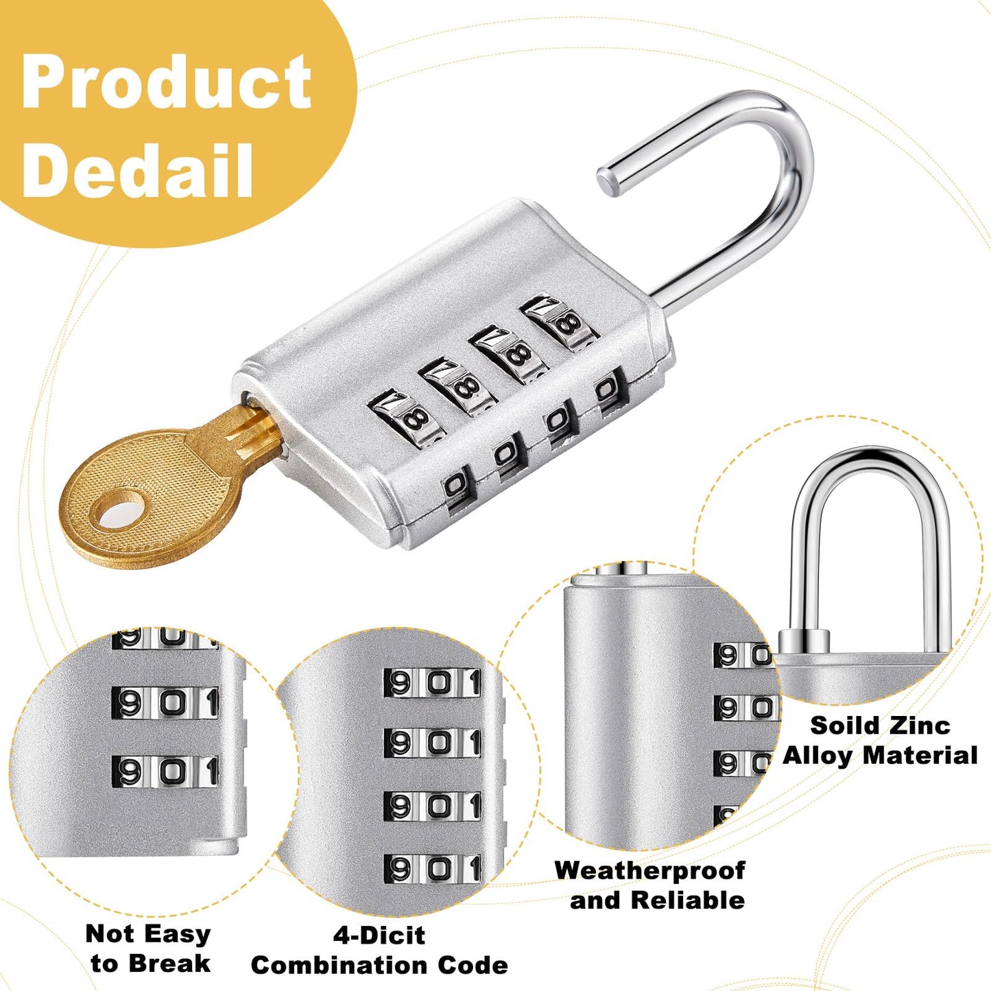 Kenning Combination Padlock 4 Digit Combination Lock with Keys Locker Resetable Security Outdoor Waterproof Lock for School Sports Gym Locker Employee Fence Case (Black Silver,30 Pcs)