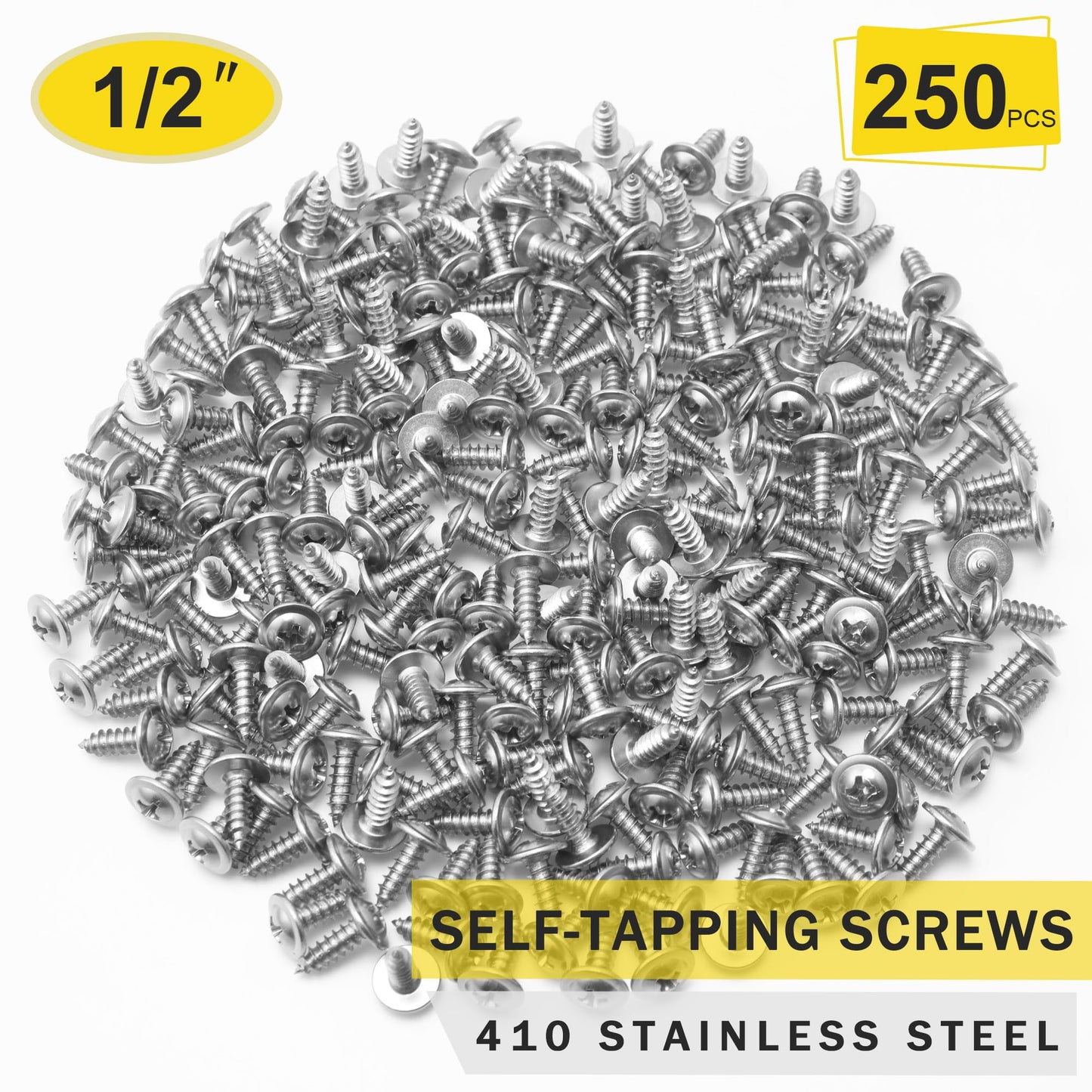 JEGONFRI 250pcs #8 x 1/2" 410 Stainless Steel Modified Truss Head Wood Screws, Phillips Drive Self Tapping Metal Screws with Screwdriver Bit