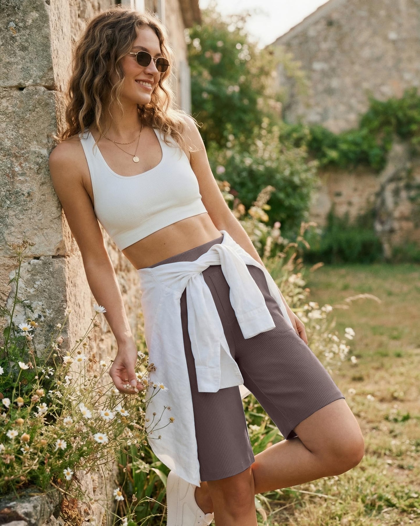 G4Free Athletic Bermuda Shorts Women 10'' Knee Length Wide Leg Loose with Side Pockets Yoga Waistband for Work (Taupe,L)