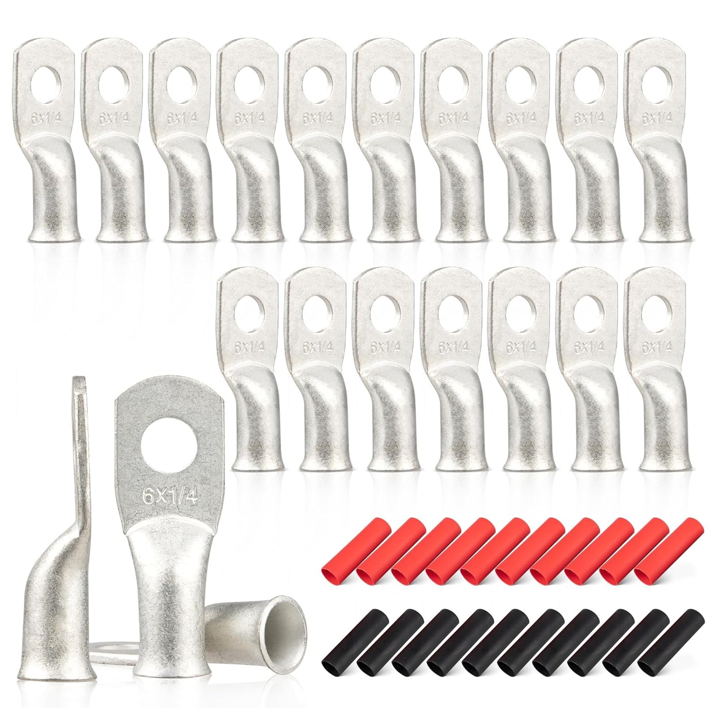 Red Wolf 20PCS 6 AWG Marine Grade Wire Lugs - Tinned Copper Ring Terminals with Heat Shrink Tubing