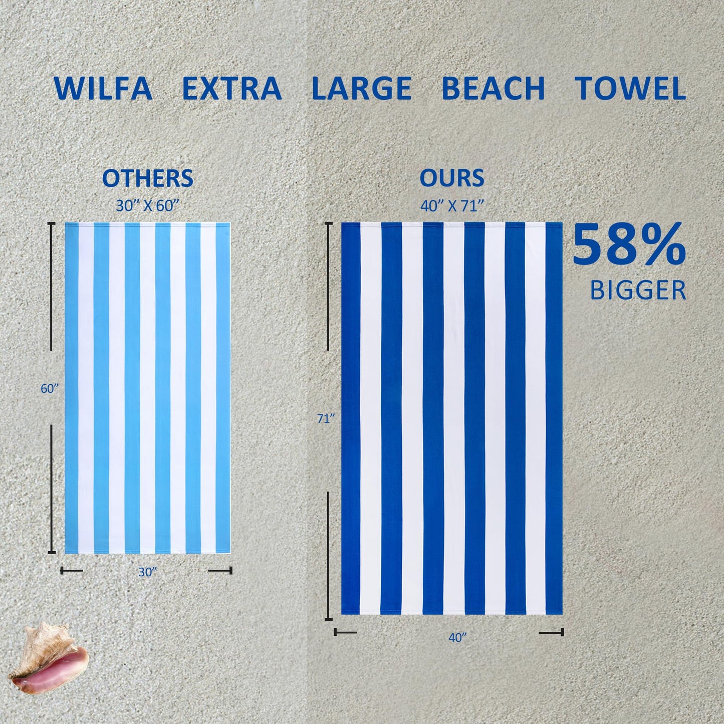 WILFA Extra Large Beach Towel - Oversized Mircofiber Beach Towel 40'' x 70'', XL Striped Lightweight Pool Towel, Big Cabana Swim Travel Towel for Adults Mens Women,Beige
