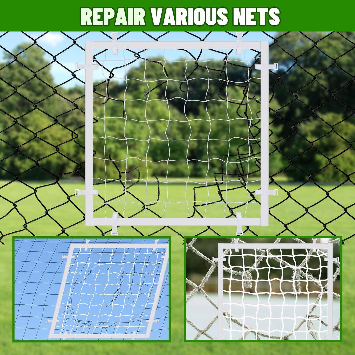 VioraWhite 3ft x 3ft Soccer Goal Net Replacement Universal Patch Sports Net Repair Kits Weather Resistance Soccer Goal Netting Replacement Patch for More Sport Nets Quick Fixes(With Fixed Accessories)