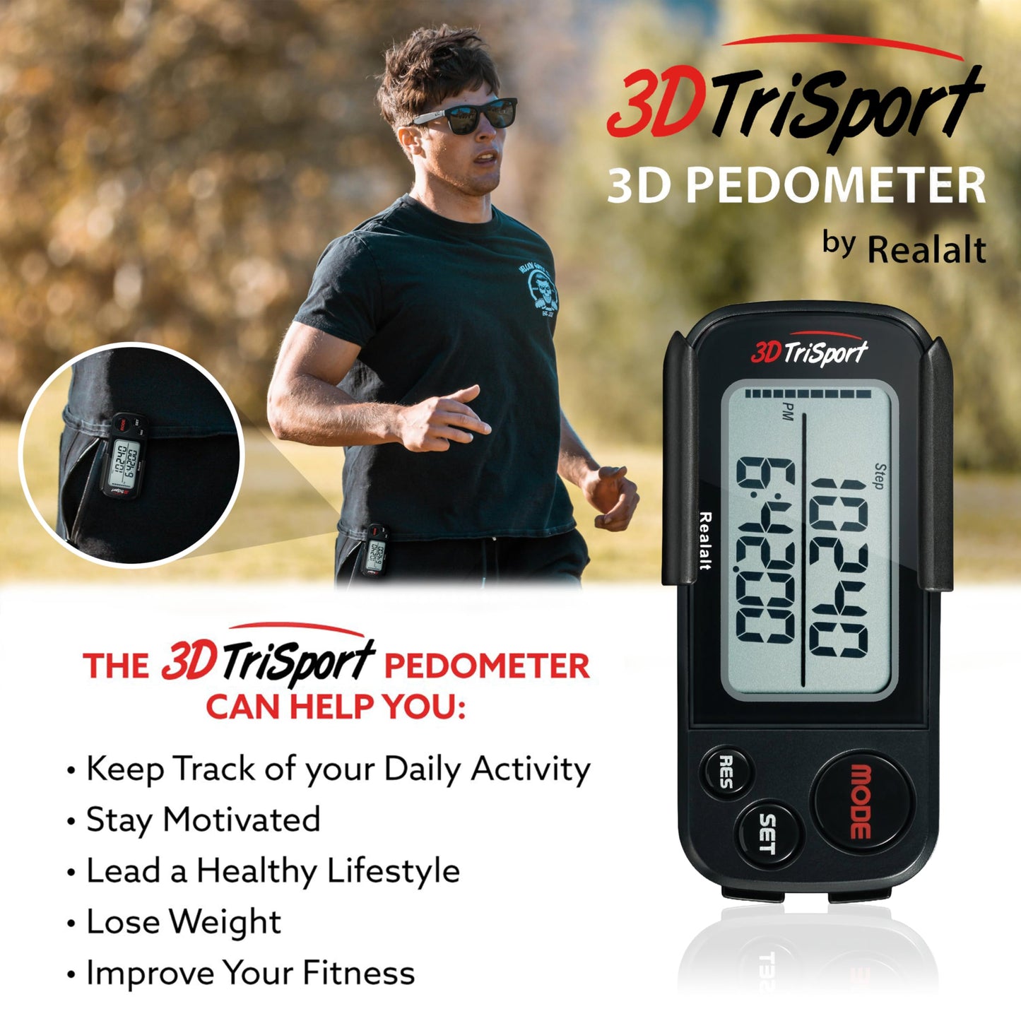 Realalt 3DTriSport 3D Walking Pedometer with Clip & Strap, Accurate Step Counter with 30-Day Memory, Distance in Miles/KM Large Display Perfect for Seniors & Beginners eBook Included - Stealth Black
