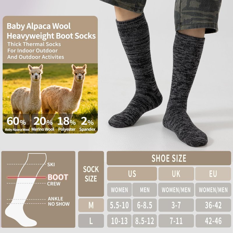 ORVYTHA 3 Pairs Alpaca Wool Boot Socks Men Women Thermal Warm Heavyweight Thick Socks Winter Hunting Hiking, Moisture Wicking (US, Alpha, Medium, Regular, Regular, Dark Gray)