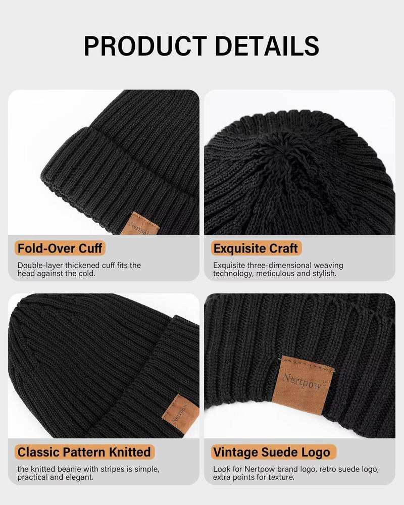 Nertpow Mens Beanie Hats 3 Pack, Winter Hats for Men Women Warm Thermal Fleece Lined, Thick Knit Fashion Skull Cap Cuffed Beanie for Guys (Color-07)